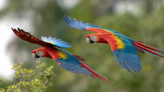 Two colorful macaws in flight