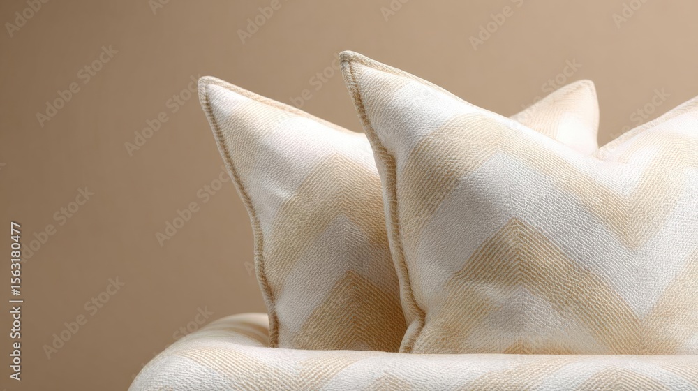 Poster close-up of two decorative pillows on a beige background. the pillows are square in shape and have a