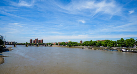 London - 06 21 2022: View of Battersea Bridge, Chelsea and the Thames from Albert Bridge