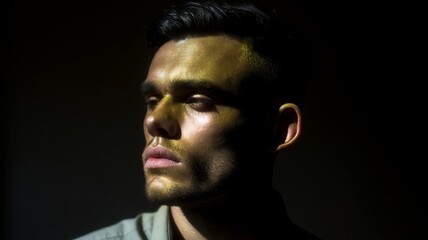 Shadowed face of introspective Hispanic male, plaid light interplay, contemplative mystery, Dia de los Muertos, enigmatic reflections