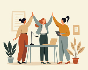 Illustration of a team celebrating success with high fives in an office setting
