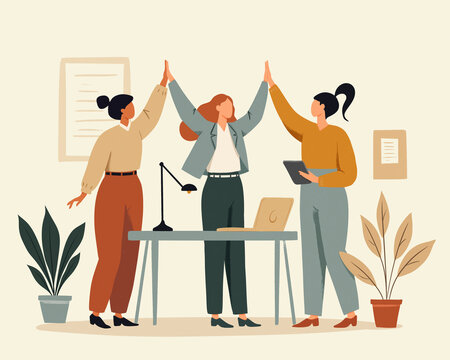 Illustration of a team celebrating success with high fives in an office setting