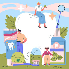 Characters with Dental Care Items Vector Illustration