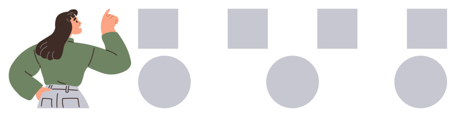 Woman pondering choices while observing a sequential layout of squares and circles. Ideal for decision-making, planning, strategy, problem-solving, organization, prioritization, abstract thinking. A
