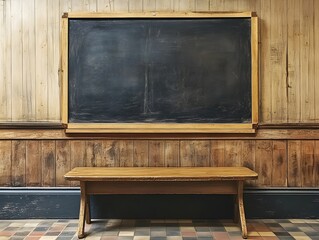 Empty Classroom Featuring Blank Chalkboard and Traditional School Desk Ideal for Education and Study Themes empty blackboard on wooden table