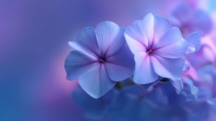 Obraz premium Close-up of two beautiful blue flowers with pink centers. the flowers are in full bloom and are surrounded by a blurred background of other purple flowers.