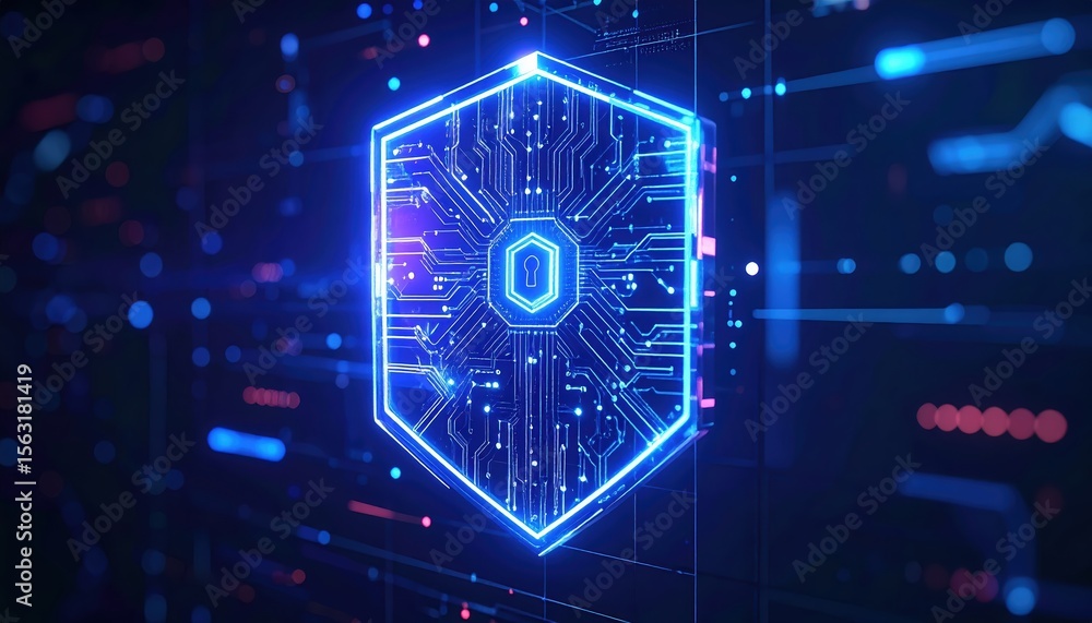 Poster futuristic digital shield with glowing circuit lines and cyber security icons representing protectio