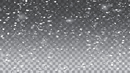 Realistic falling snow with snowflakes and clouds. Winter transparent background for New Year card. Frost storm effect, snowfall, ice. Vector illustration.