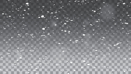 Realistic falling snow with snowflakes and clouds. Winter transparent background for New Year card. Frost storm effect, snowfall, ice. Vector illustration.