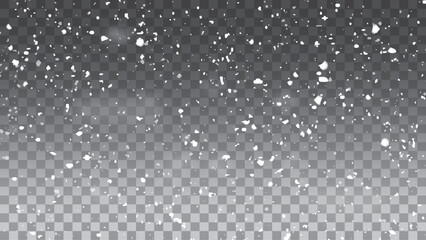 Realistic falling snow with snowflakes and clouds. Winter transparent background for Christmas or New Year card. Frost storm effect, snowfall, ice.
