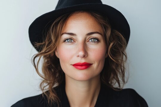authentic portrait of 40 years old European woman with red lips, black hat on light background