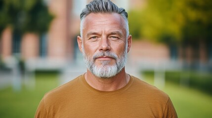 authentic portrait of 50 years old European man teacher or lecturer in brown t-shirt on the background of the university