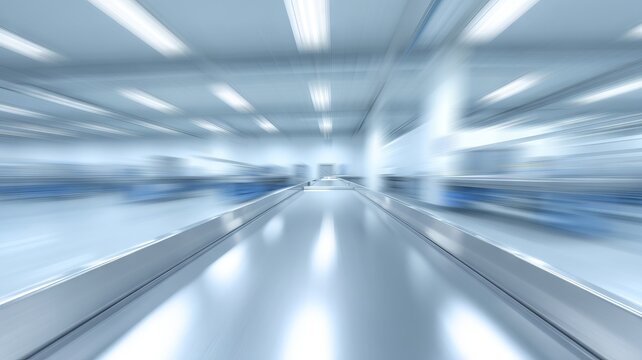 Gleaming sterile corridor blurs, evoking sci-fi futurism, high-tech minimalism, International Day of Light, and World Innovation Day