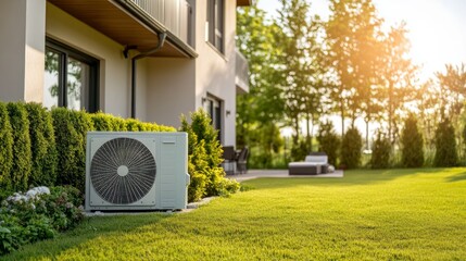 Heat pump system mounted on house exterior, vibrant garden with green grass, sculpted hedges, and towering trees under bright blue skies