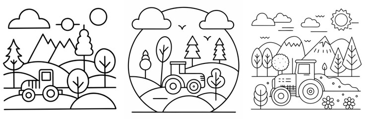 Naklejka premium Nature and Tractor Coloring Page - Farm Landscape Line Art Outline for Kids and Adults