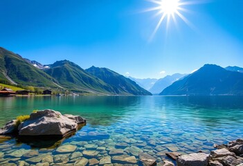 Sun-drenched Champferersee, Silvaplana, Swiss Alps Crystal clear water, majestic mountains,  majestic,  water