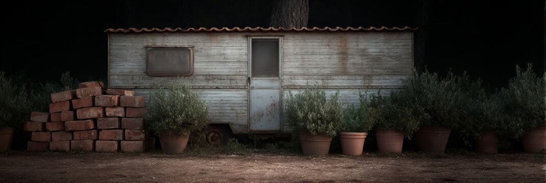 Rustic trailer surrounded by clay pots and bricks, evoking the essence of Arbor Day and World Pottery Day - Powered by Adobe