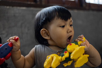 Toddler With His Toy Dinosaur