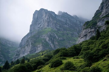Fototapeta premium Ancient mist-clad, towering cliffs loom over an emerald valley, invoking Alpine folklore and Greenery Day's verdant celebrations
