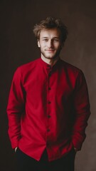 Fototapeta premium Caucasian male in crimson kurta exudes Diwali warmth, celebrating Festivus with an air of rustic charm