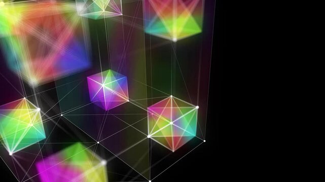 Abstract background 3D digital multicolor wireframe cube rotate. 3D algorithm blockchain grid dinamic blocks. Big data. Multi core box.