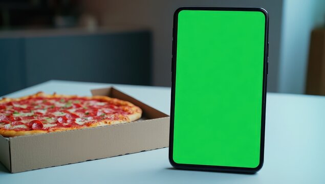 Pizza and a green screen phone on a table. A pepperoni pizza in a cardboard box sits next to a smartphone with a bright green screen. 