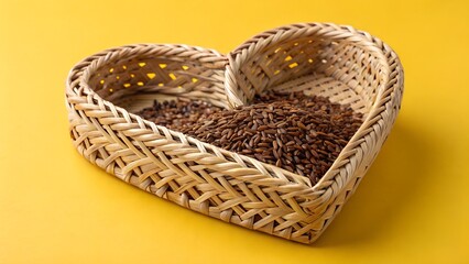 A heartshaped wicker basket filled with brown seeds sits on a yellow background