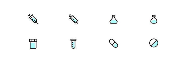 Minimalist health icon , 4 type syringe, drug,  ingredients cool and futuristic.