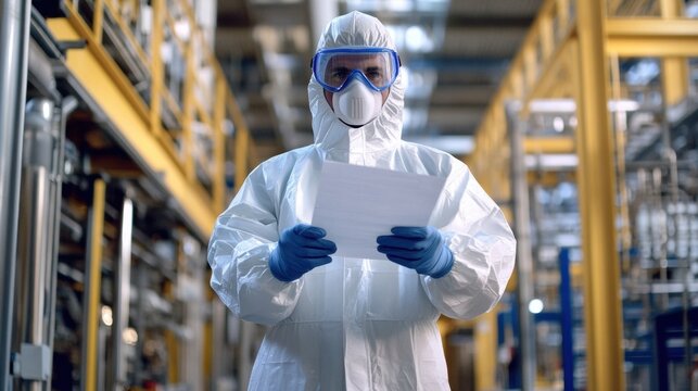 Scientist in protective suit analyzing data industrial setting. hazmat reviewing