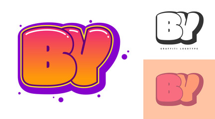 BY logo design for festival or party. Initial letter b and y in graffiti style. Creative modern lettering company name of font typography. Kids trendy logotype or identity.