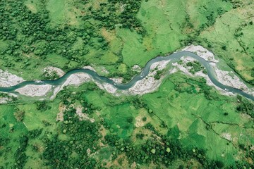 Obraz premium Snaking river through emerald tapestry, reminiscent of Gaia's veins, Earth Day serenity, rural green immersion, natural labyrinth