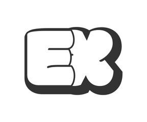 EX logo, bubble comic lettering, rounded in graffiti style black and white silhouette. Trendy preschool E and X letter text for festival party, personal initials, children funky print and web.