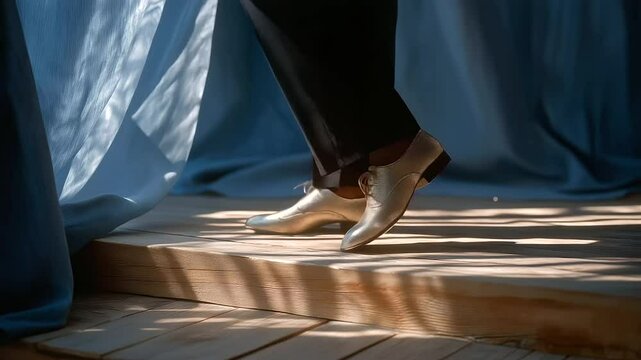 A young male tap dancer performing on a wooden stage