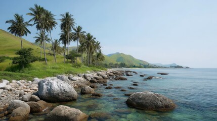 Obraz premium Tropical haven with whispering palm oasis and cerulean waters, evoking Earth Day tranquility and Pacific island serenity