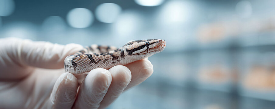 Ball python held gently in gloved hand. Exotic pet concept. Veterinary, science, research use. Soft, clean, modern, and appealing. Snake care, reptile health.