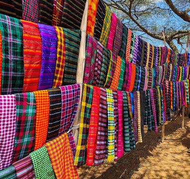 Karamajong (tribe) blankets for sale at the market close to Moroto in Northern Uganda, Africa