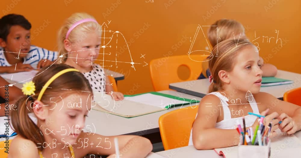 Poster camera panning revealing classmates solving math at desks with overlayed equations and diagrams