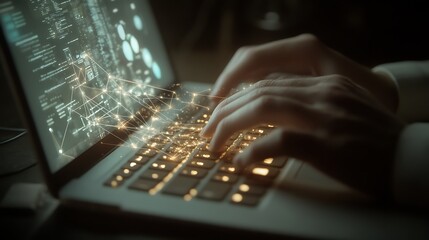 Hands Typing on Glowing Laptop Keyboard with Data Visualization Overlay for Technology Concepts.