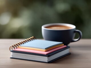 Fototapeta premium Serene workspace scene a cup of coffee rests beside a stack of notebooks and sticky notes.