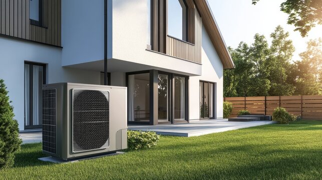 Modern energy-efficient heat pump system installed on house exterior wall, surrounded by clean minimalist landscaping under sunlight
