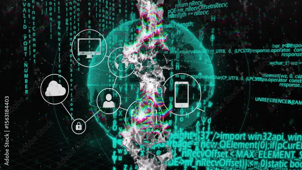 Poster globe rotating in code initiating cloud icon appearing linking icons to form security network