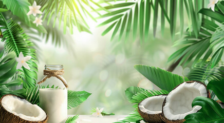 White coconut milk in a transparent bottle and natural brown coconuts on a background of green tropical leaves