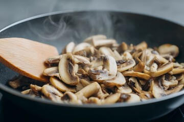 Sizzling umami symphony of sliced mushrooms dances in a skillet, invoking autumnal Lag Ba'omer feasts and culinary alchemy