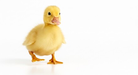 Obraz premium Cute fluffy duckling waddles against bright white background. AI Generated