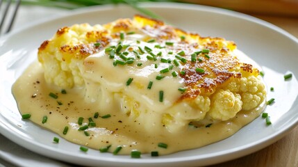 Mornay sauce elegantly served with a slice of cauliflower gratin on a white plate, topped with fresh chives.