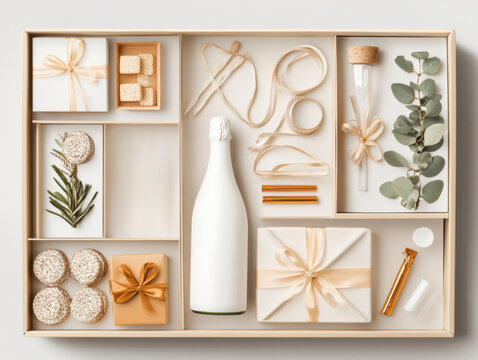 Creative bachelor or bachelorette party gift box featuring elegant items and celebratory elements