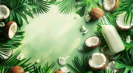 White coconut milk in a transparent bottle and natural brown coconuts on a background of green tropical leaves