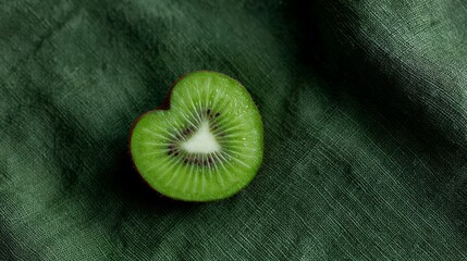A heart-shaped kiwi slice rests serenely on emerald linen, symbolizing Valentine's vegan feast and National Kiwi Day's zestful celebration