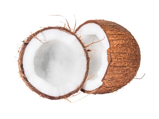 Fresh cracked coconut, isolated on a white background, reveals its healthy brown nut and sweet...