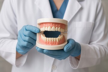 Dentist wearing white coat and blue gloves holds artificial dental model with upper and lower teeth for patient education in clinical setting